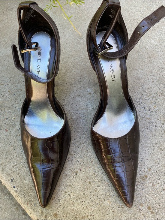 Nine West Shoes - Nine West Brown Croc-Embossed Pointed Toe Ankle-Strap Pumps